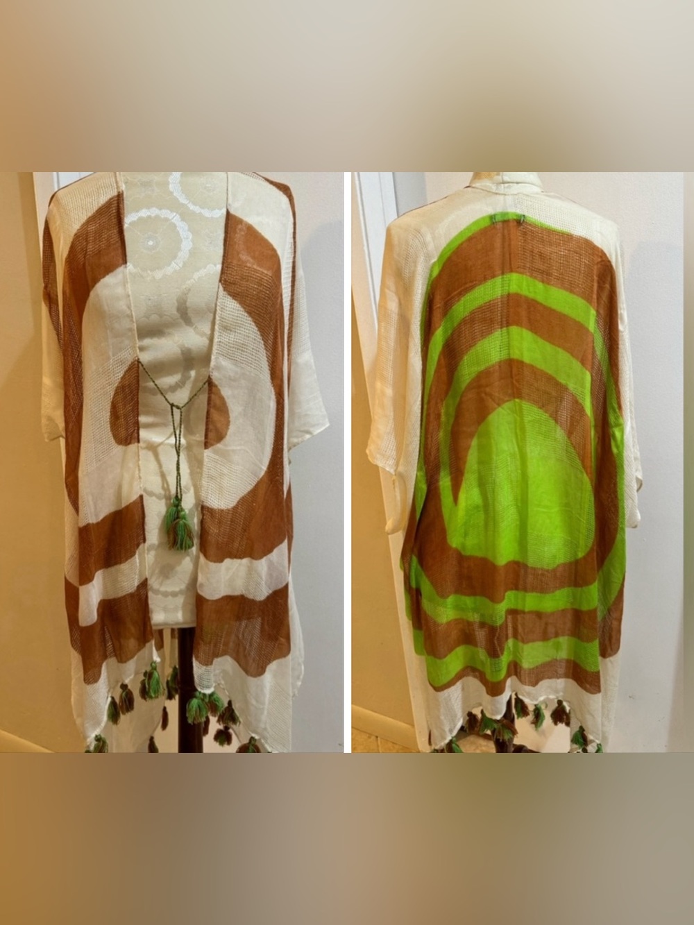 Parfois Kimono Unique Tie Tassels Bright Green Tan Lightweight Sheer Woven